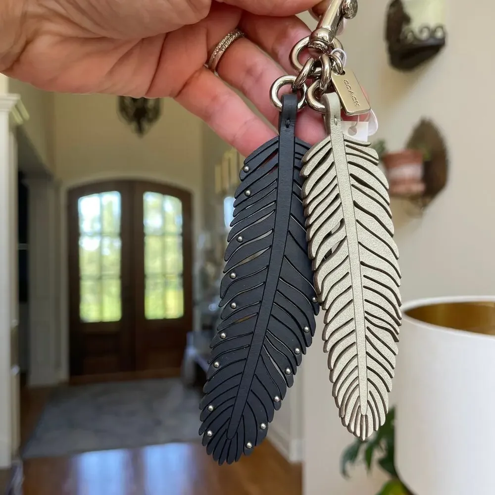 Rare Coach Multi Feather Leather Bag Charm Navy Silver Studded NWT